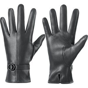 Women's Gray Lambskin Leather Gloves Warm Touchscreen Winter Driving Gift